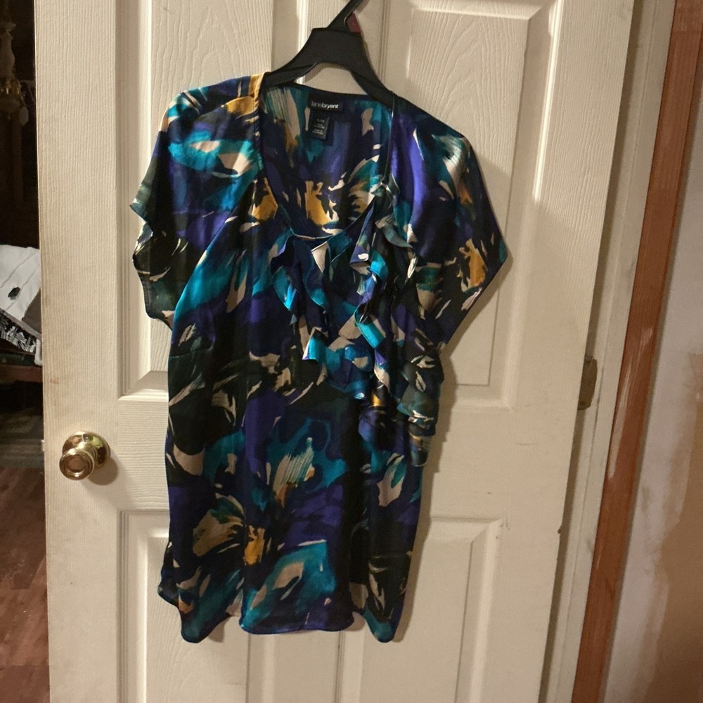 Women Lane Bryant Blouse Plus 18/20 Short Sleeve Blue Ruffle Floral Maximalist